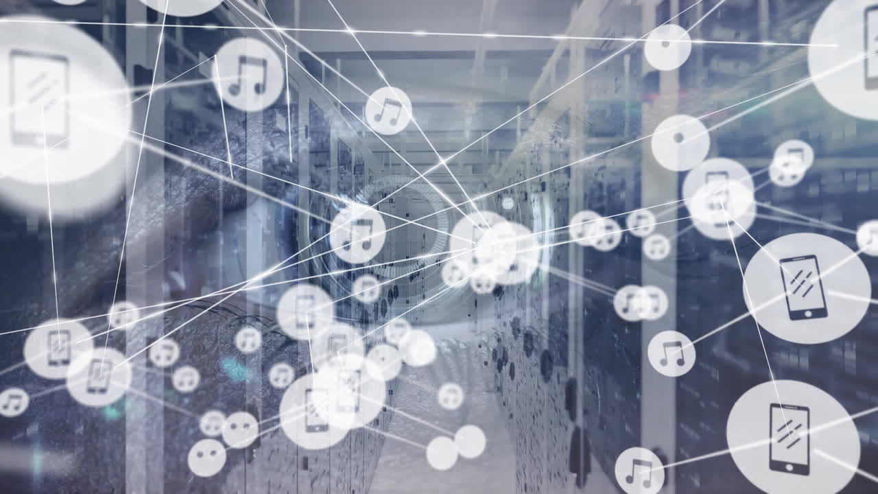 서버  ⁇ 과 데이터 처리에 대한 아이콘으로 연결 네트워크의 애니메이션