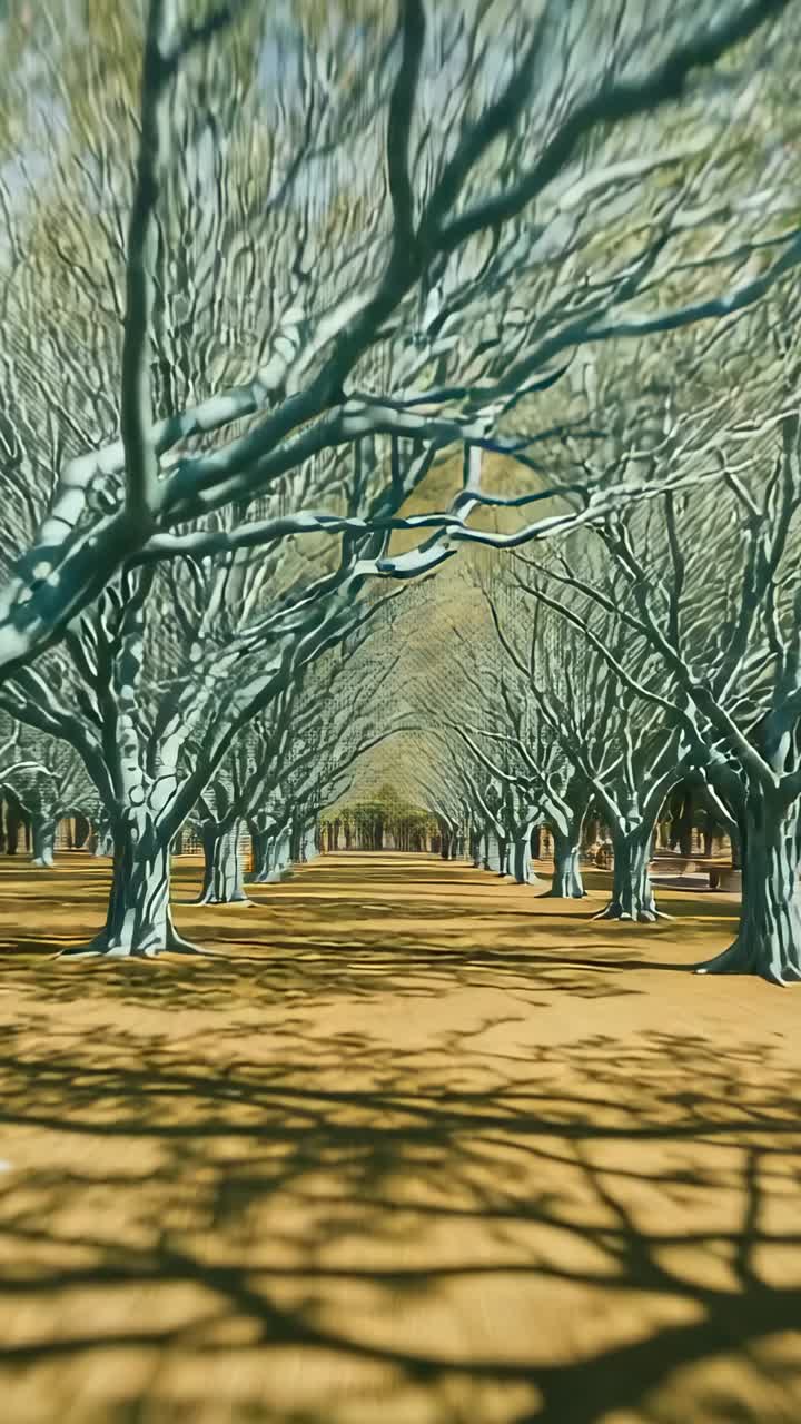 Vertical video: Sunlight filtering through trees driving camera along walkway with shifting shadows