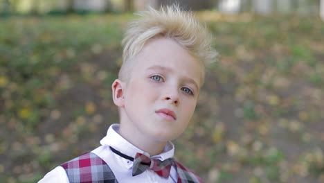 teen boy of european appearance close up a boy with blond hair a little boy with blond hair and gray eyes looks into the camera lens