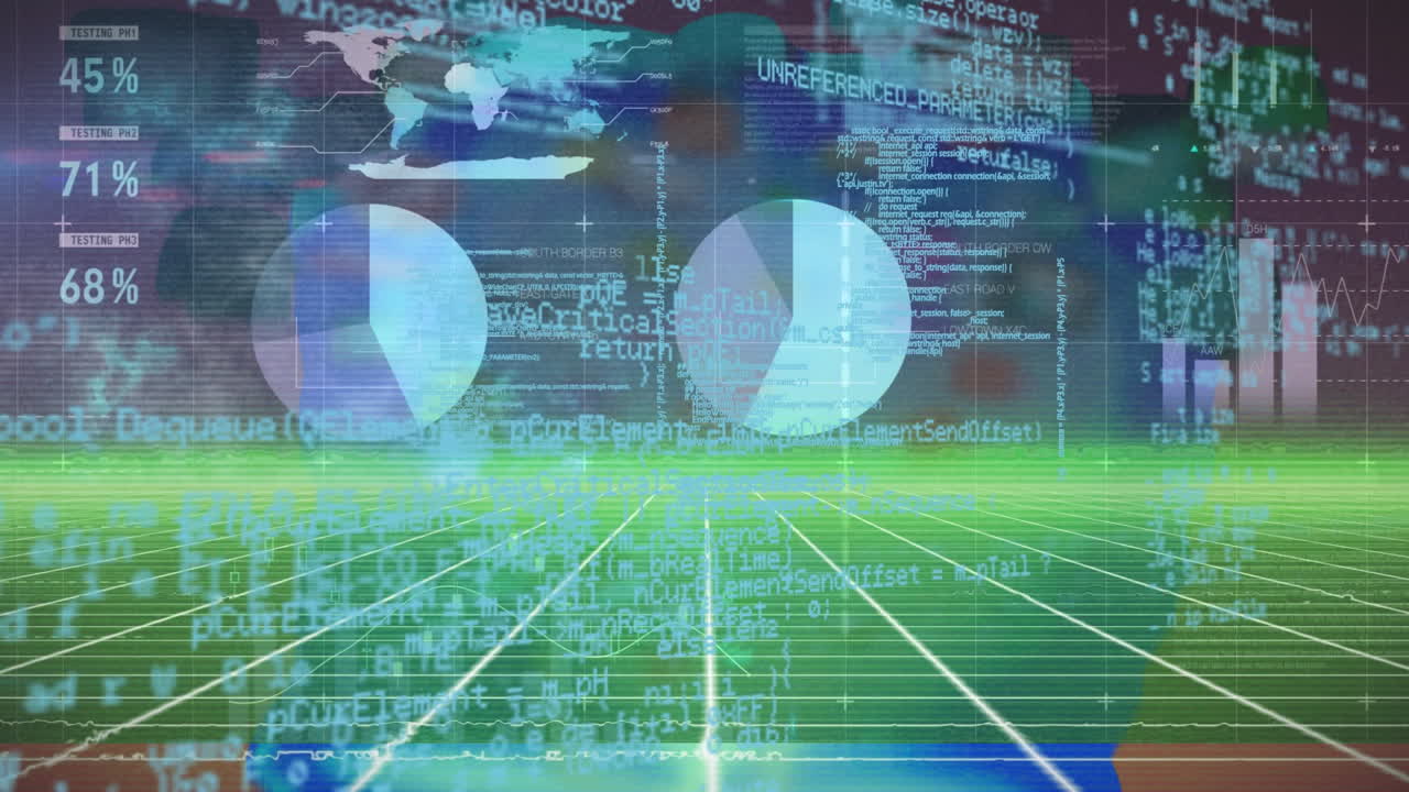 Animazione di statistiche ed elaborazione dati su sfondo a griglia.