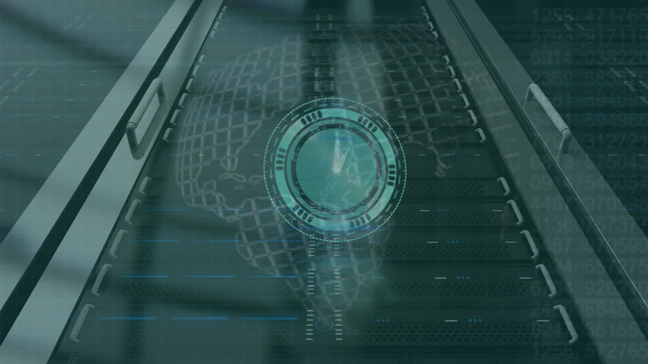 Animation of data processing and clock over server room