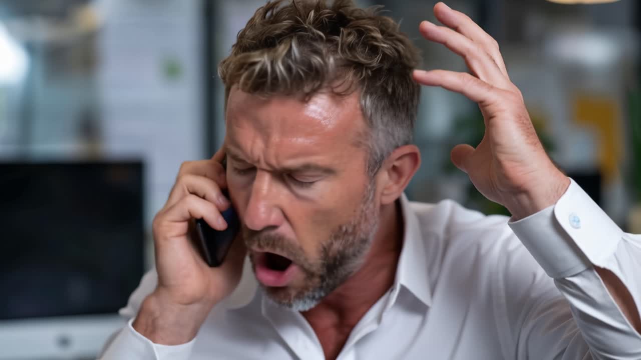 Intense Frustration: A Man Expressing Anger While Speaking on the Phone in a Professional Office Environment, Showcasing Emotions and Communication Challenges