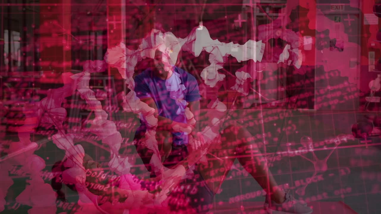 Trainer cueing client on gym mat, client doing core crunches while red DNA overlay crossing them