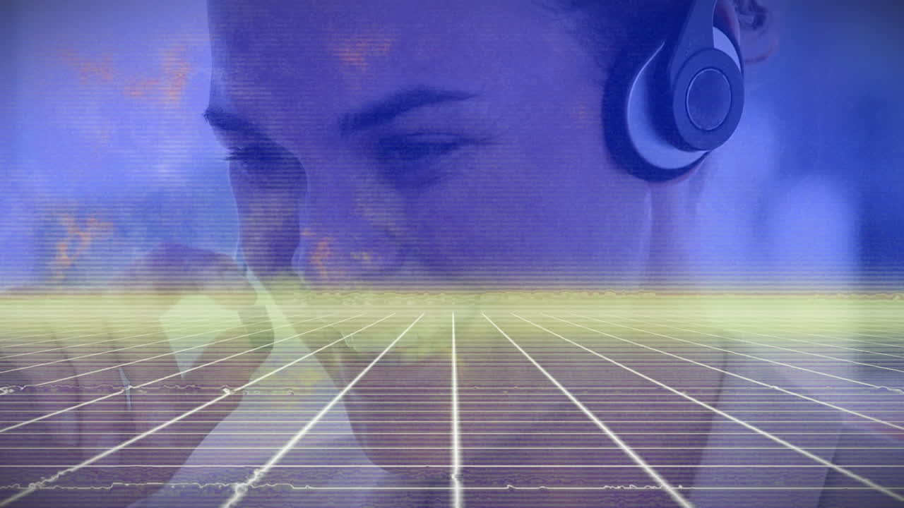 animación de luz y líneas sobre mujeres de negocios que usan auriculares