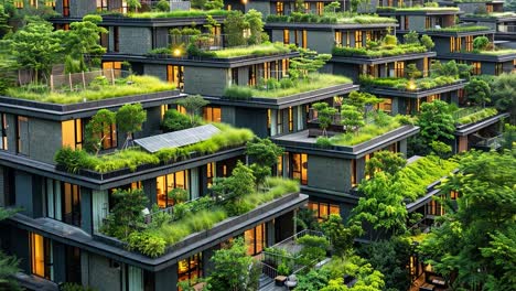 modern buildings with green roofs and sustainable features