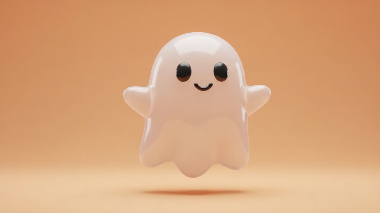 Playful Ghost Character Floating Against a Soft Orange Background, Featuring a Joyful Expression and Cute Design for an Engaging Atmosphere Full of Whimsy