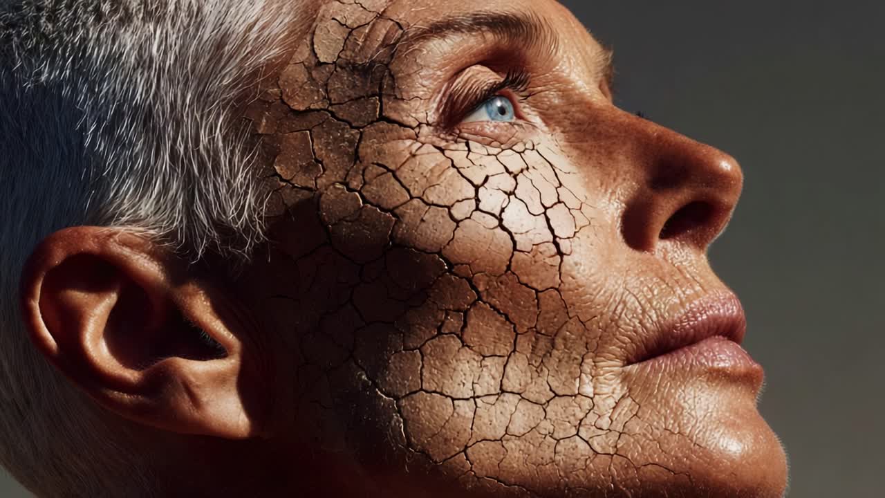 A striking portrayal of resilience and aging, showcasing the beauty in imperfections and the story told through a cracked visage beneath soft lighting and an expressive gaze