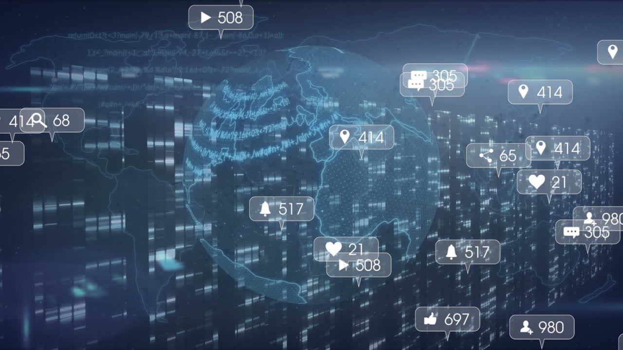 Animation of media icons and world map over globe