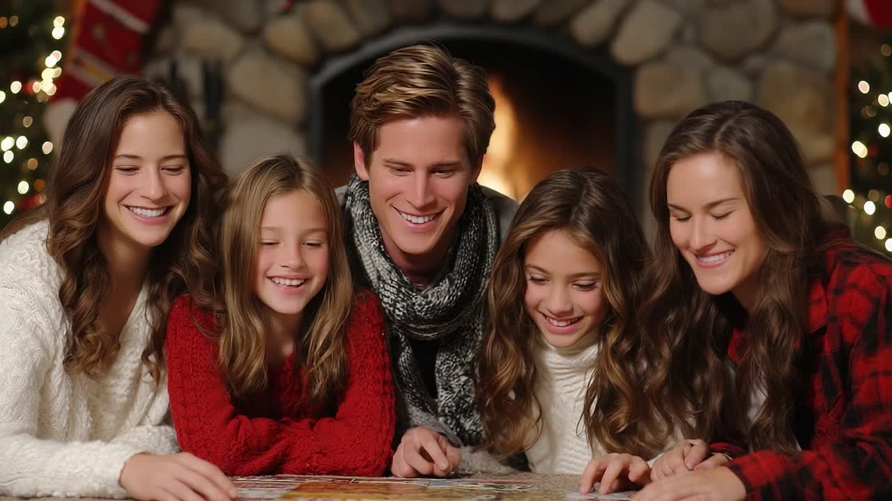 A Cherished Moment: A Family gathers around a cozy fireplace, joyously working together on a festive puzzle, embodying warmth and togetherness during the holiday season