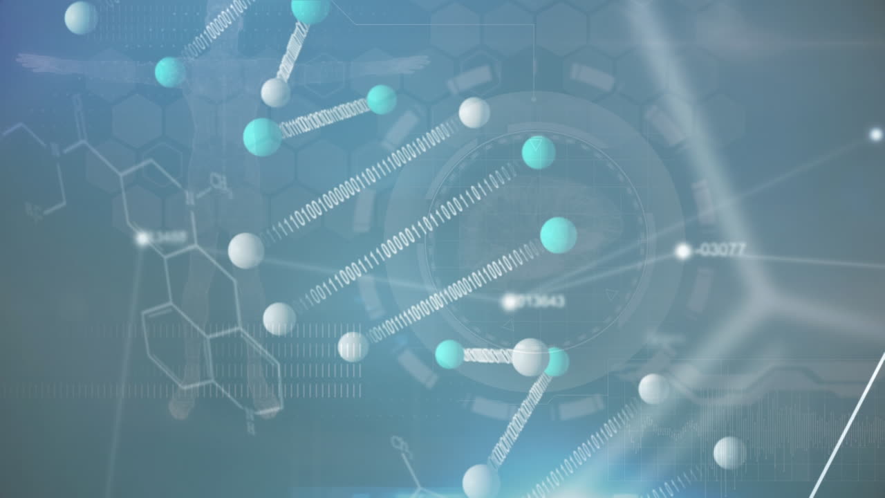dna와 다양한 데이터의 애니메이션이 녹색 배경에 있습니다.