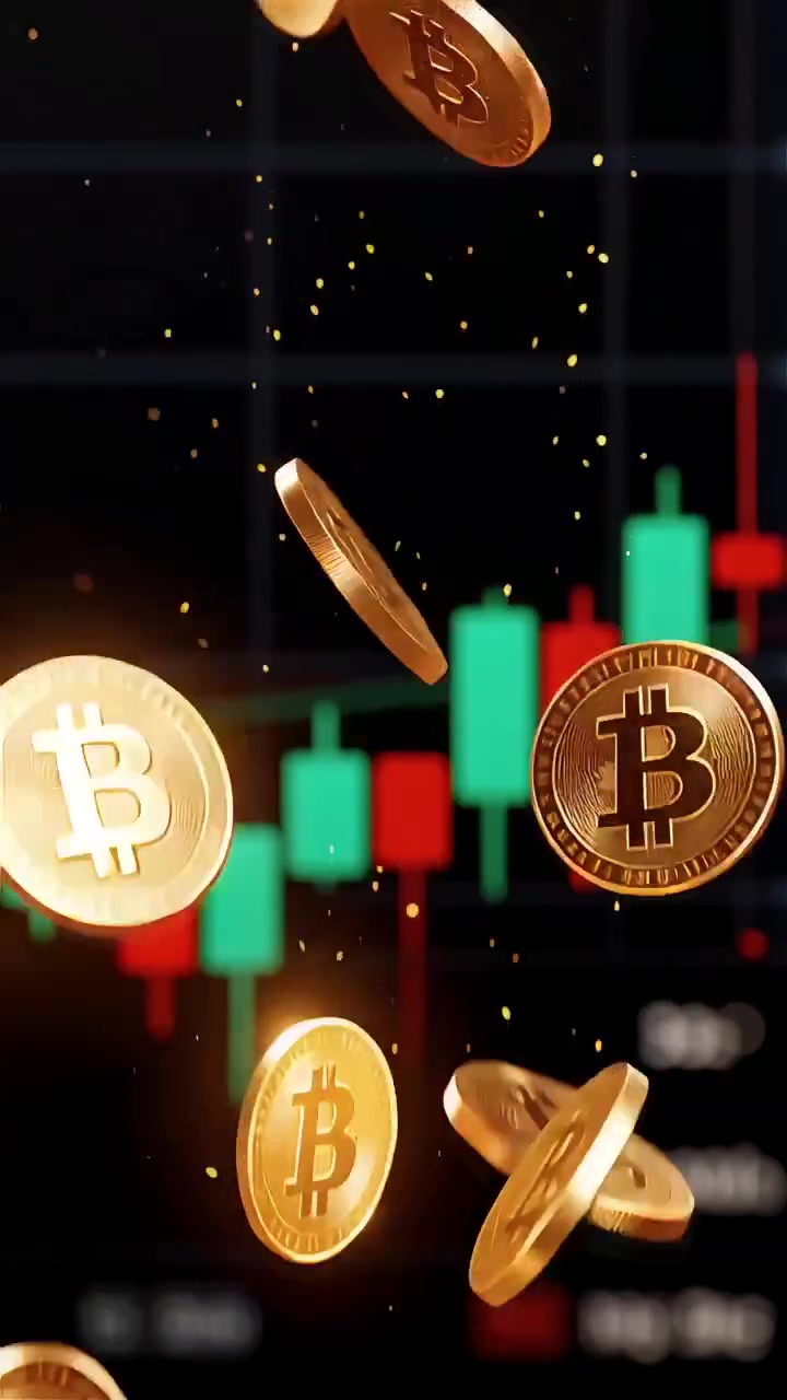 Moedas de Bitcoin douradas com fundo de gráfico de velas desfocado 4K