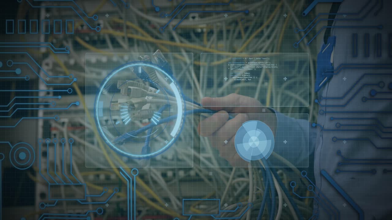 animación del procesamiento de datos sobre las manos de un hombre caucásico sosteniendo cables de computadora