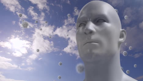 animation of a digital human head with giant virus models floating on a sky background