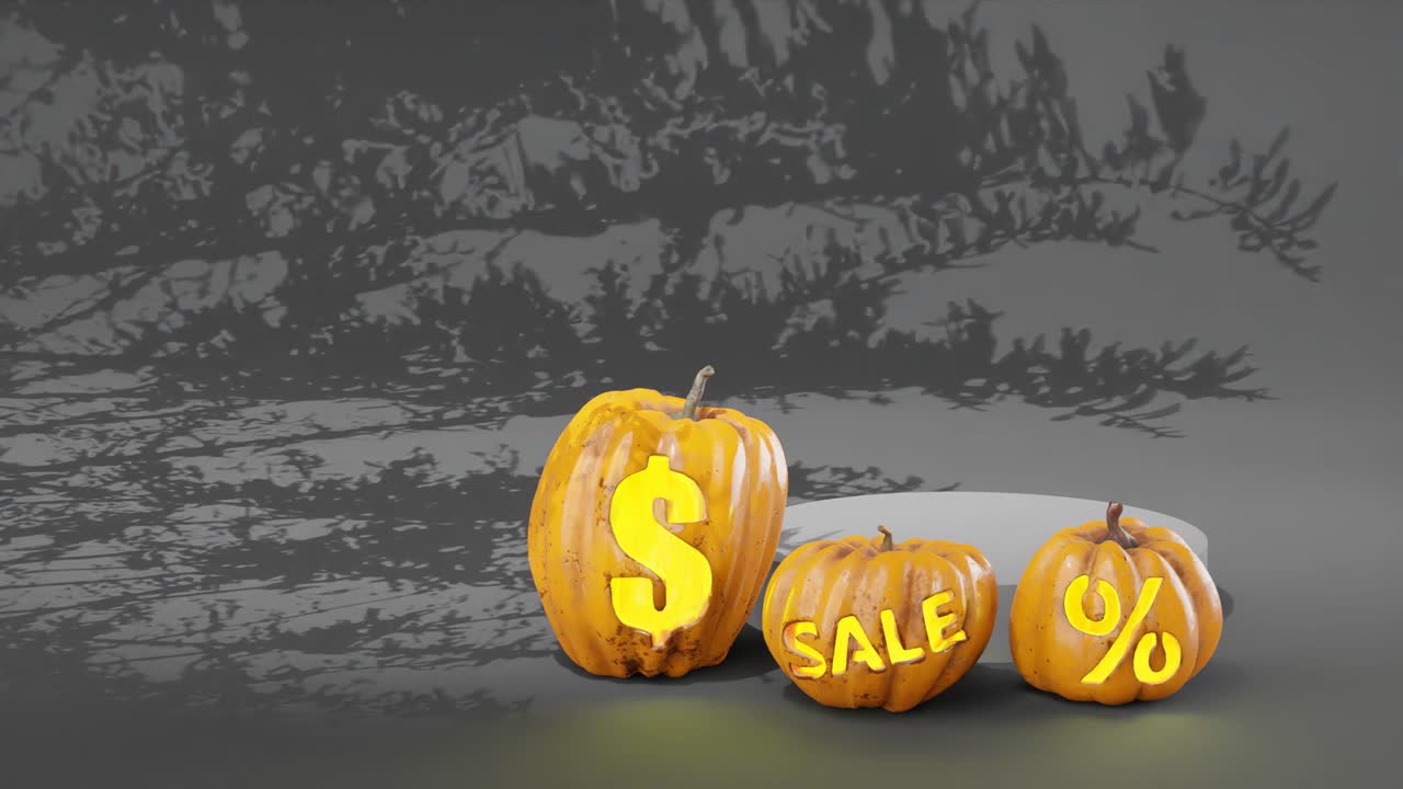 ventas de halloween, visualización visual, decoración de calabaza, renderizado 3d, venta de octubre, vacaciones de halloween, concepto de amarillo naranja brillante, ventas de banner, venta de halloween, plantilla gráfica, antracita, fondo
