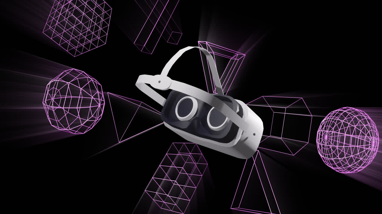 animación de auriculares vr sobre formas 3d brillantes que se mueven sobre un fondo negro