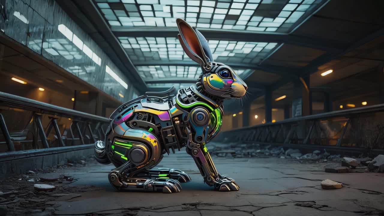 Robotic Rabbit in a Futuristic Urban Landscape