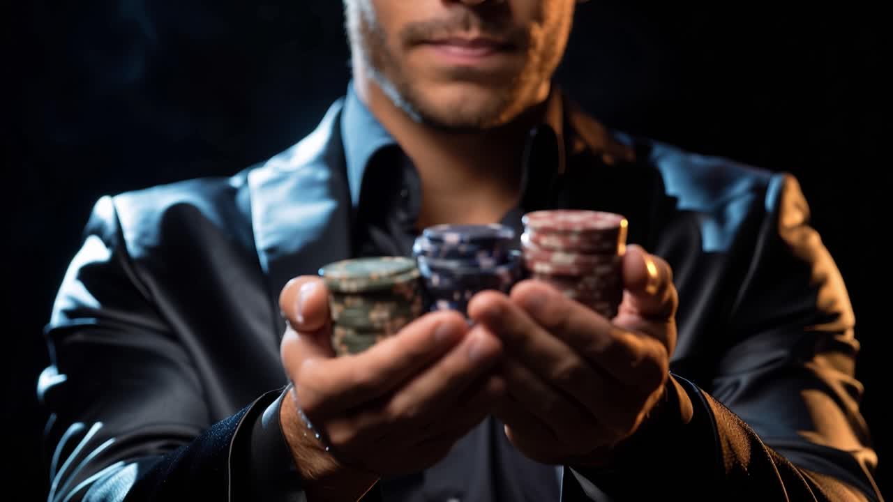 Un giocatore d'azzardo fiducioso tiene fiches da poker ad alto rischio tra le mani sotto un'illuminazione drammatica, mostrando strategia e determinazione in un'atmosfera da casinò.