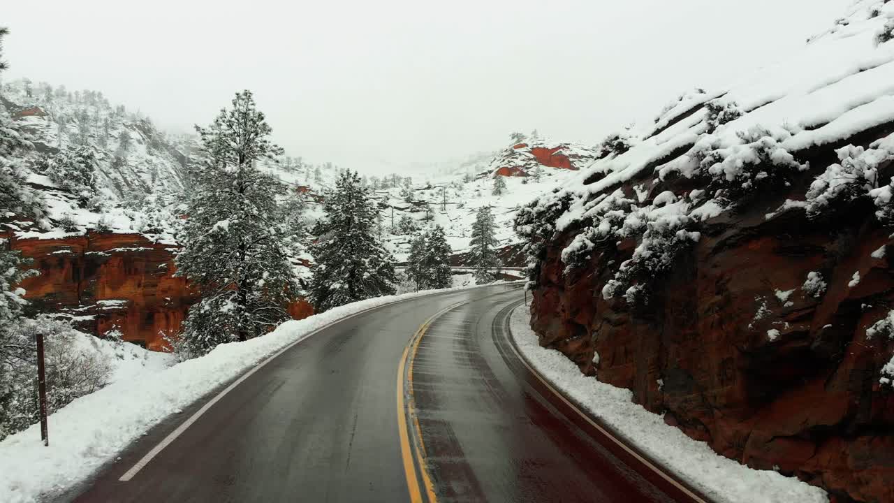 Push in shot of a beautiful snow covered landscape next to a road with evergreen trees and snow falling.