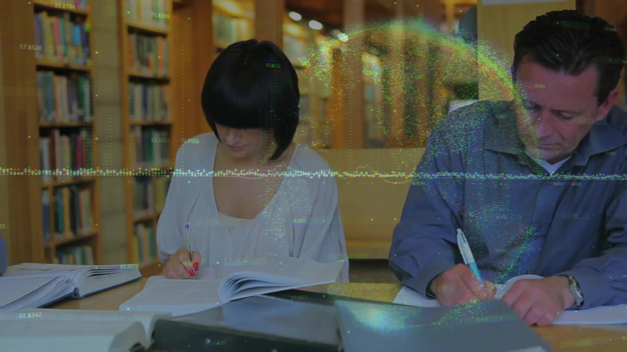 Woman reaching red pen and scanning textbook pages, man writing notes for joint library study