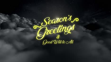 magical festive motion graphic night scene floating above the clouds as a glittering and magical trail of sparkling particles reveal the message �season�s greetings - good will to all??