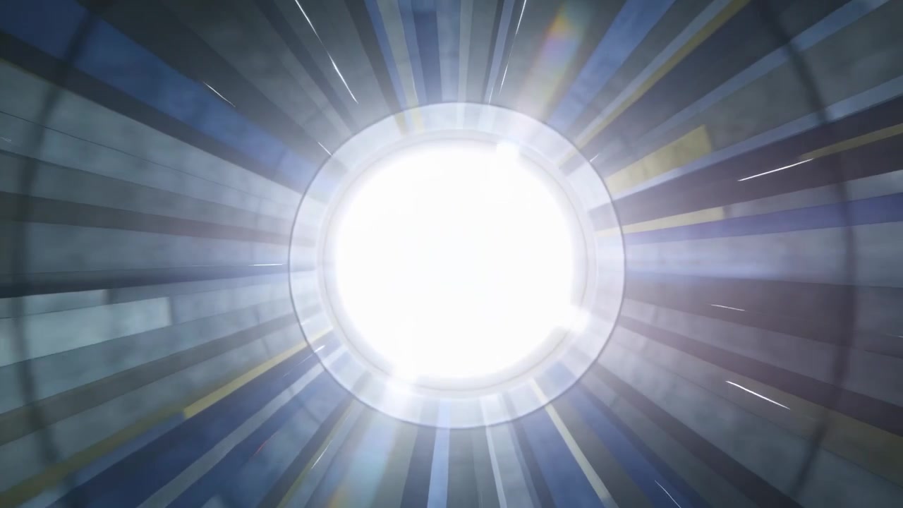 Moving camera approaching portal in shaft for traversal, showing ribbed walls, rings and streaks