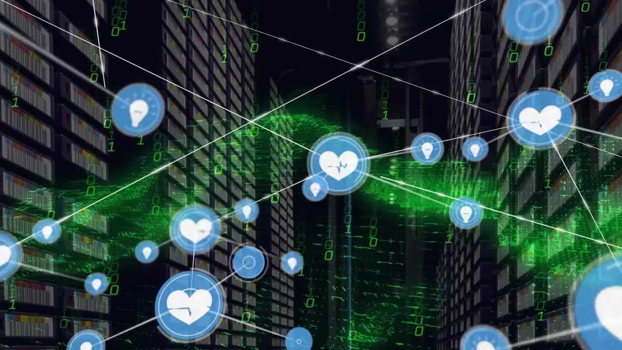 animación de iconos conectados, patrón de onda y códigos binarios contra un fondo abstracto.