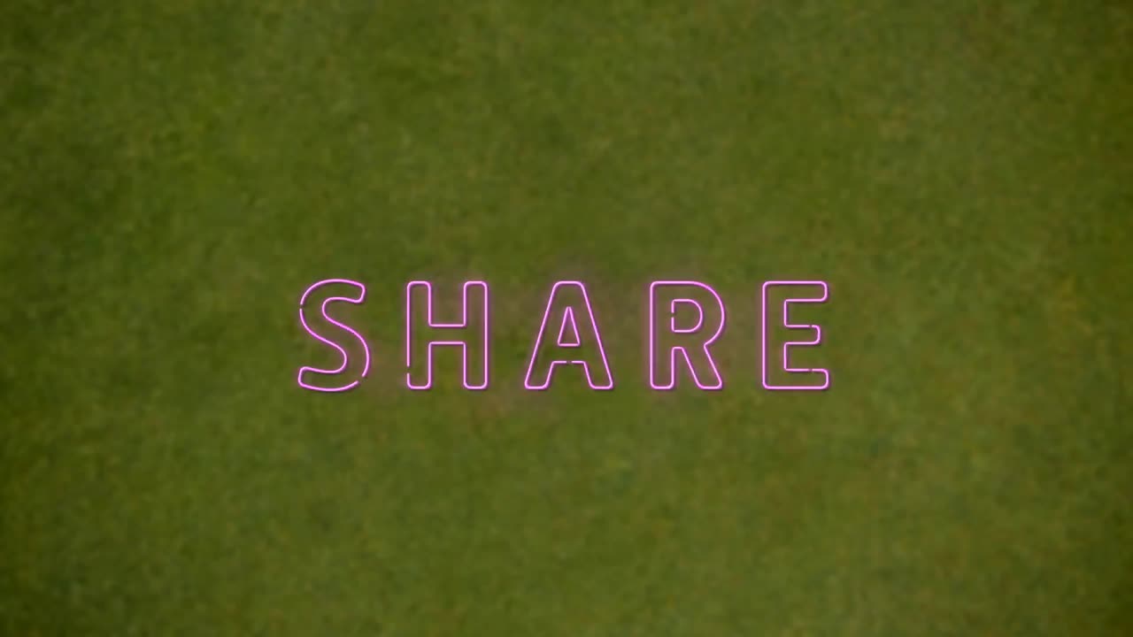 Animation of neon pink share text banner against textured green background