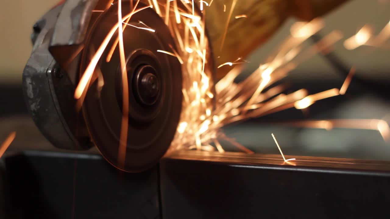 Cutting metal with a grinder and red yellow sparkles close up
