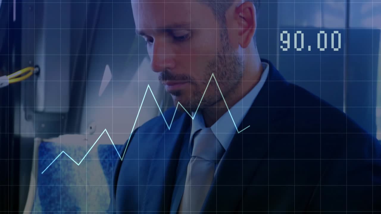 Uomo d'affari guarda il tablet, monitorando un grafico finanziario, toccando e scorrendo per analizzare, mentre è in viaggio.