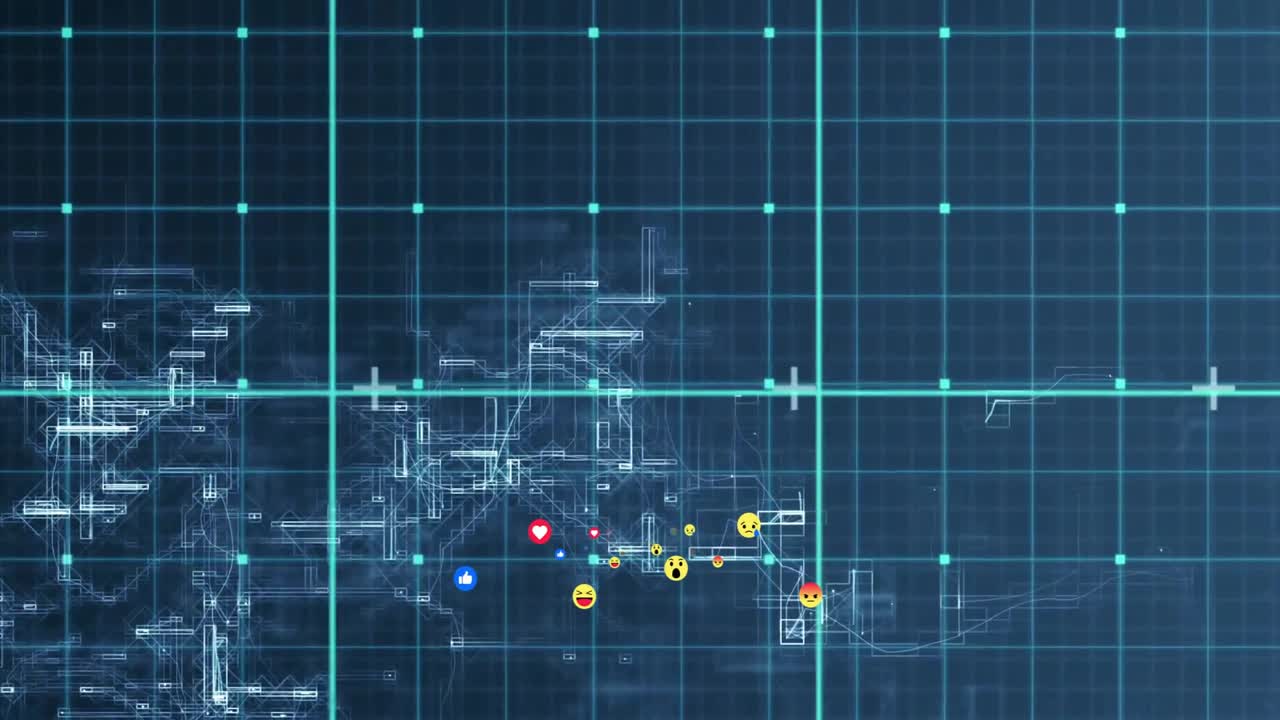 Startup cluster of reaction icons moving right separating and growing to visualize social sentiment