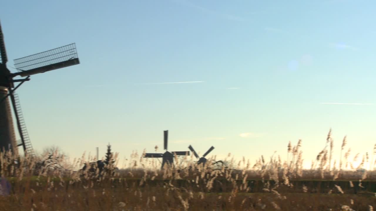 медленное панорамирование на ветряные мельницы, поднимающиеся из травы в голландии