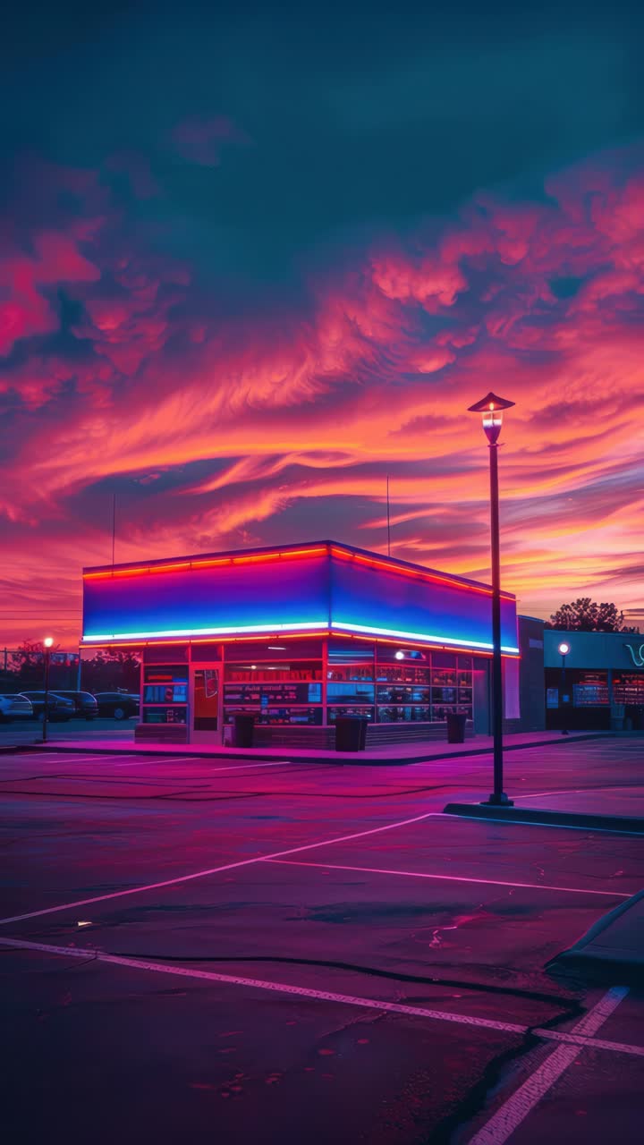 Neon-lit gas station under vibrant sunset sky, captured from a low angle