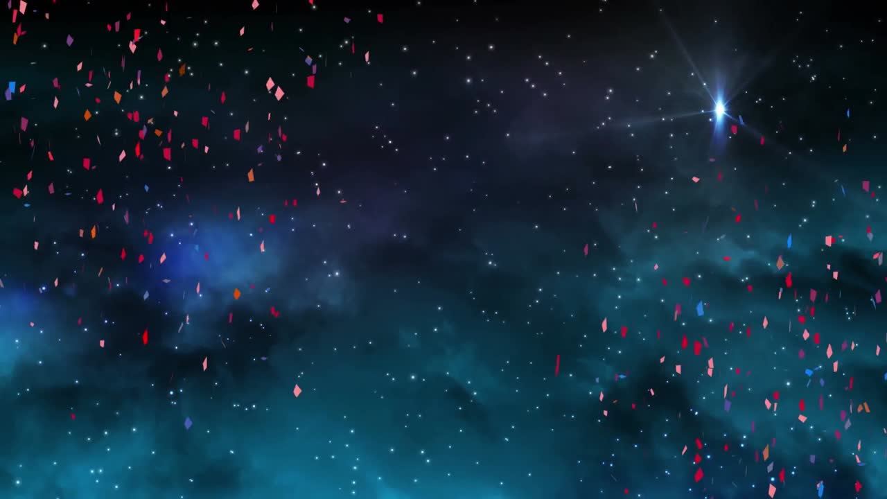 구름이  ⁇ 은 하늘 위에 떨어지는 다채로운 콘페티의 애니메이션