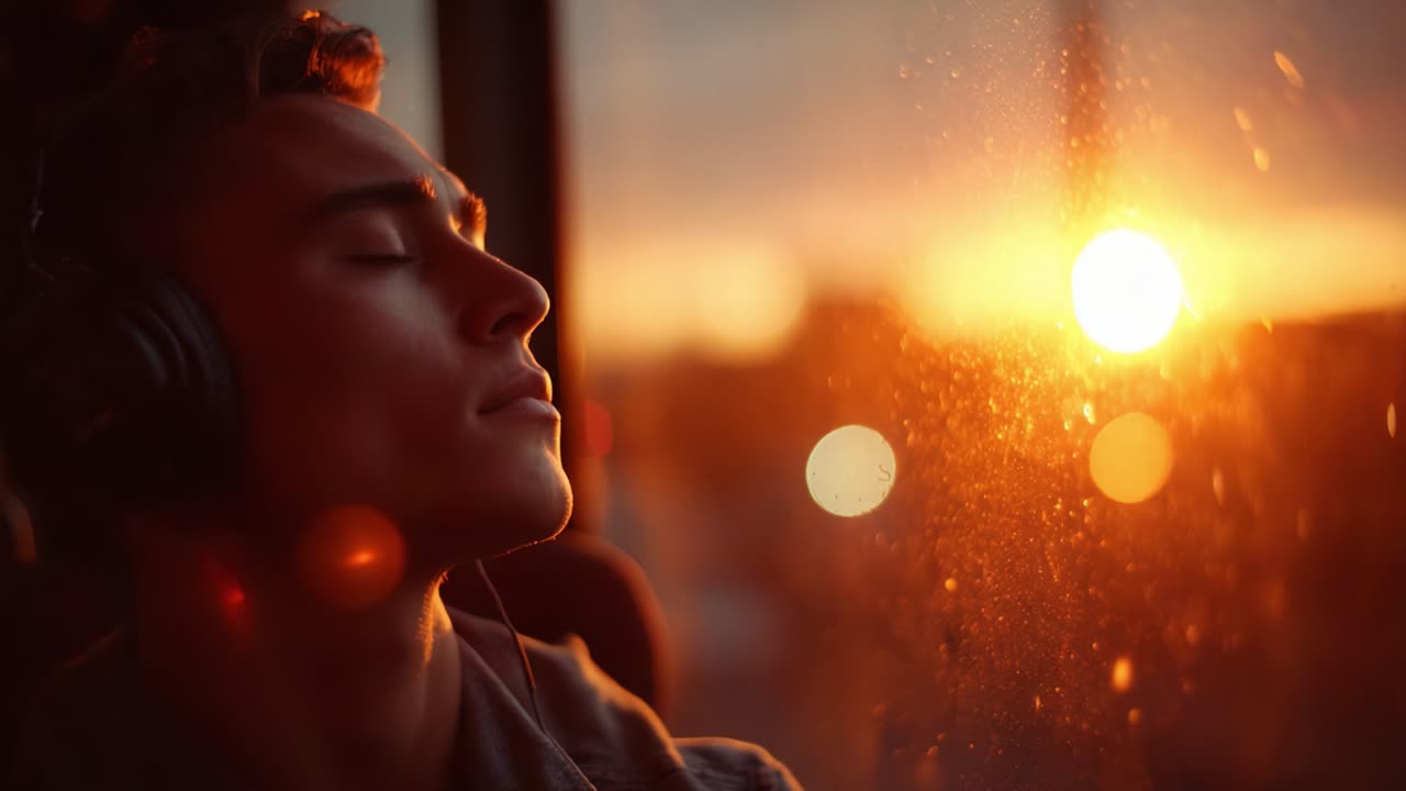 Um Momento Pacífico: Um Jovem Desfruta de Música Enquanto Observa o Belo Pôr do Sol de Dentro de um Ônibus, Imerso em um Mundo de Reflexão e Calma