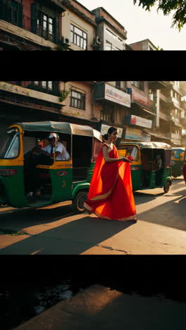 woman in red sari walking on a busy indian street