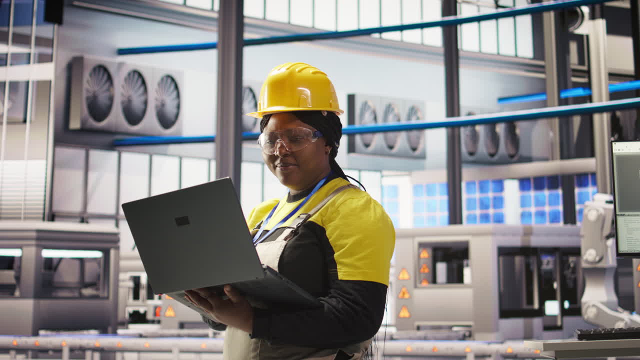 Vertical video Technician inspecting solar panels production line