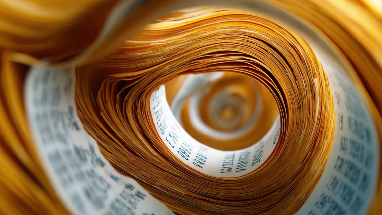 A Detailed Close-Up View of a Rolled Bundle of Printed Sheets, Showcasing the Intricate Patterns and Text Formatting in a Spiraled Arrangement