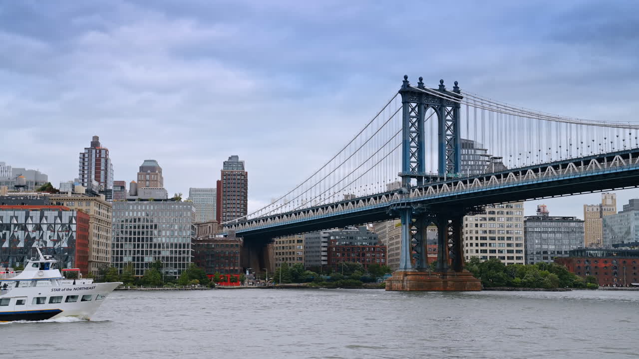 New York, USA, 15 aprile 2026: Ponte di Manhattan e East River sotto un cielo nuvoloso. Il Ponte di Manhattan attraversa l'East River con gli edifici sul lungomare di Brooklyn e un traghetto sotto un cielo coperto.