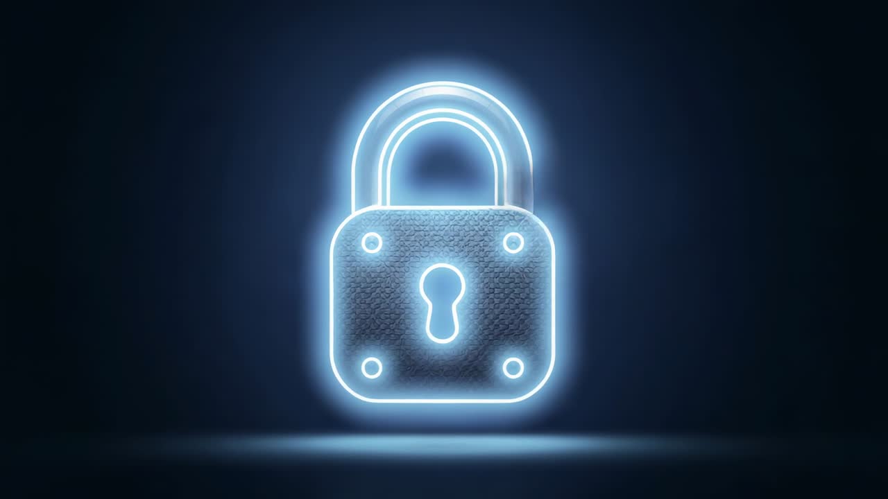 Starting glowing padlock tracing neon edge at center on blue gradient, revealing keyhole for safety