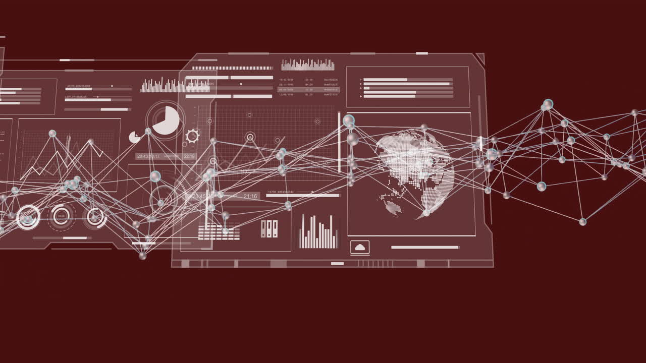 animación de la red de conexiones y procesamiento de datos a través de la interfaz digital sobre fondo rojo