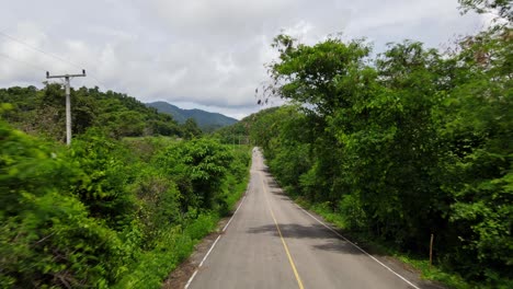 Aerial-reverse-footage-from-a-branch-of-a-tree-over-a-pavement-revealing-a-road-going-Kaeng-Krachan-National-Park,-UNESCO-World-Heritage-site,-Thailand