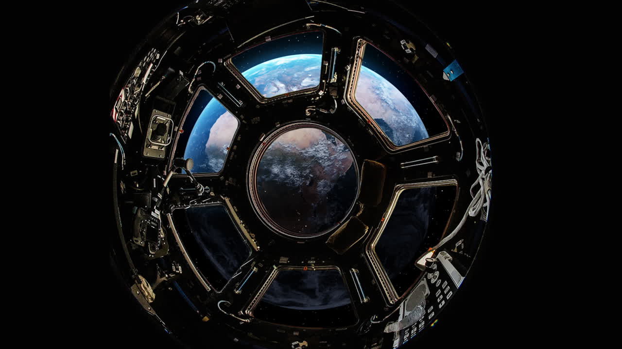 View From A Porthole Of Space Station On The Earth Background