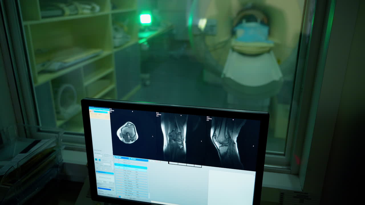 Monitor with x-ray photo in medical control room. Doctor looking at computer screen while patient in MRI machine in hospital.