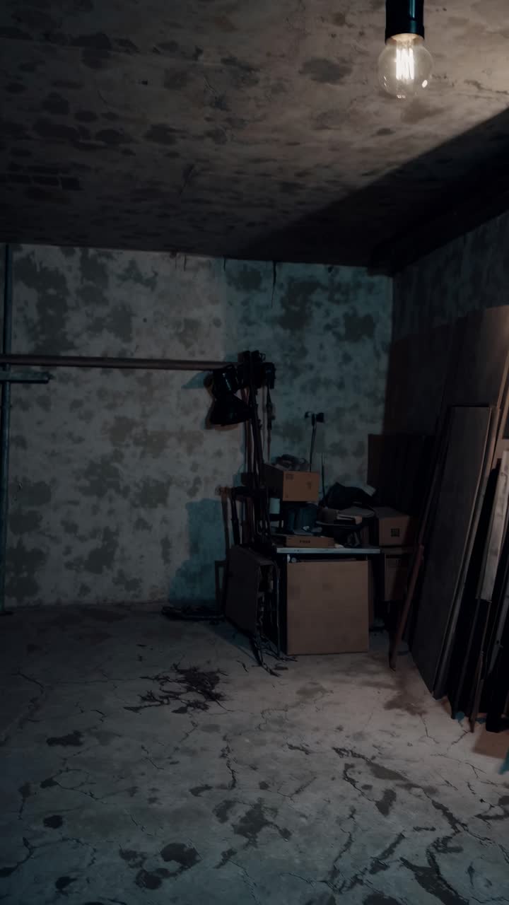 Moody video scene of a rustic workshop, shot from a low angle
