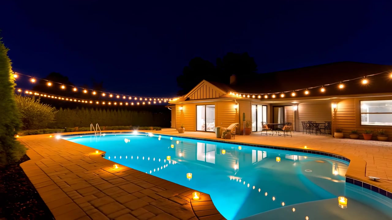 A tranquil residential poolside scene captured in a serene dusk to night time-lapse, showcasing the transition from dusk to night in a peaceful backyard setting with a house, swimming pool.