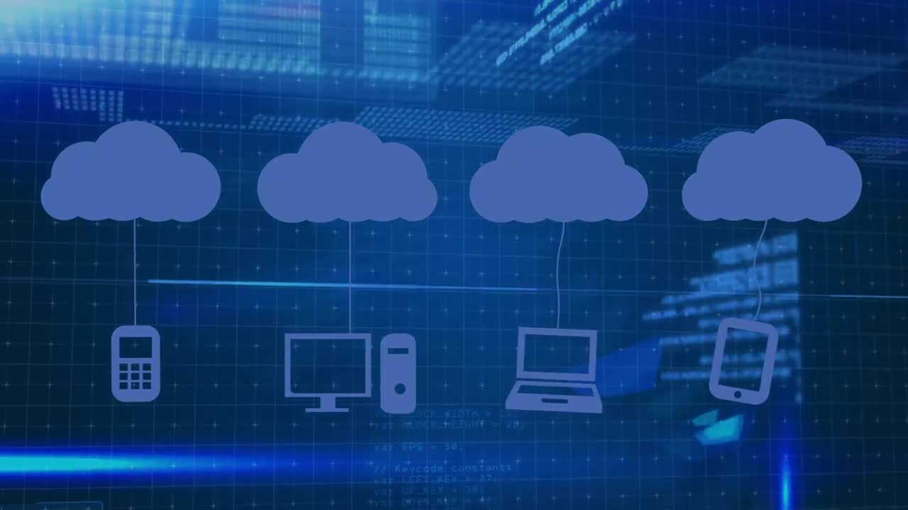 animazione di icone di nuvole e elaborazione dei dati su sfondo scuro