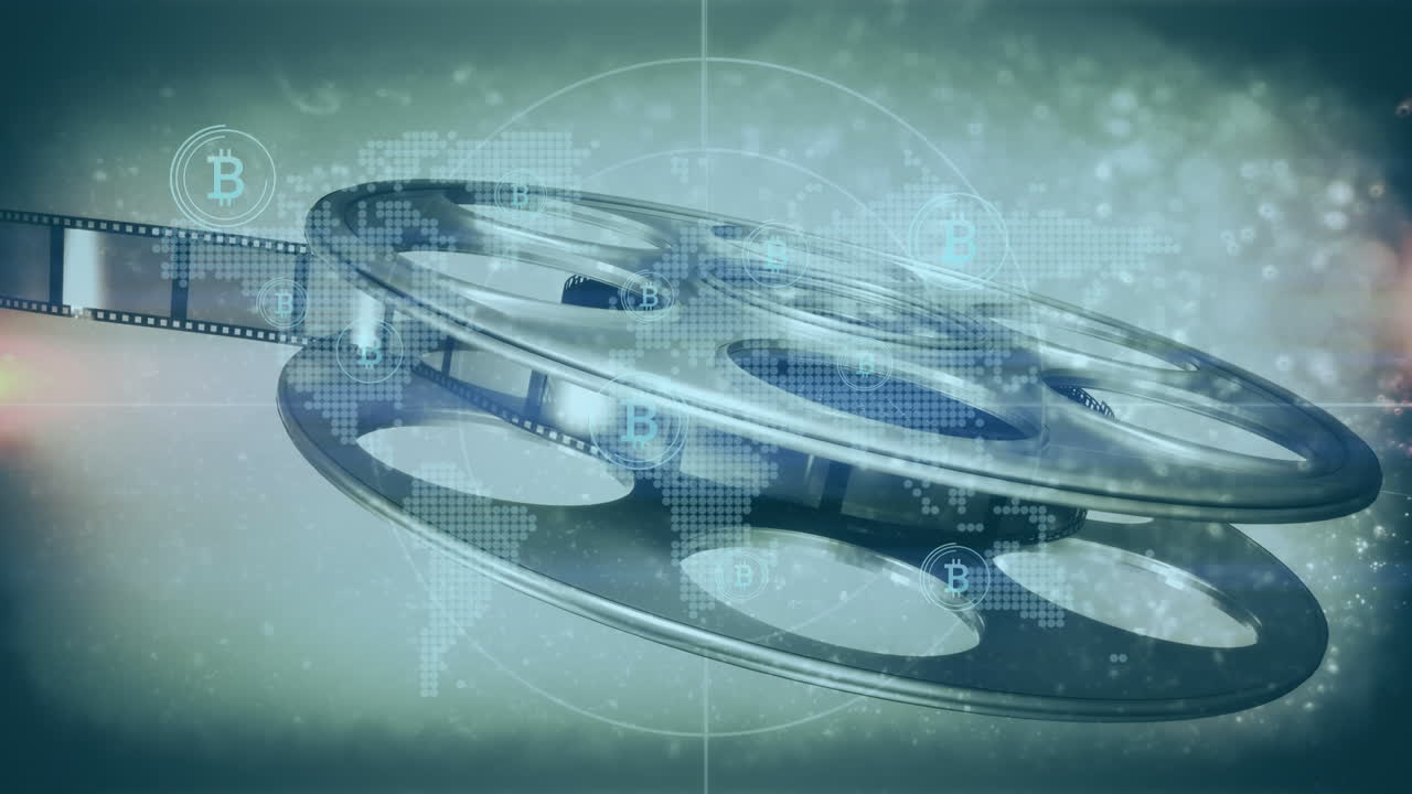 세계 지도와 비트코인 위에 있는 글리치와 테이프 릴의 애니메이션