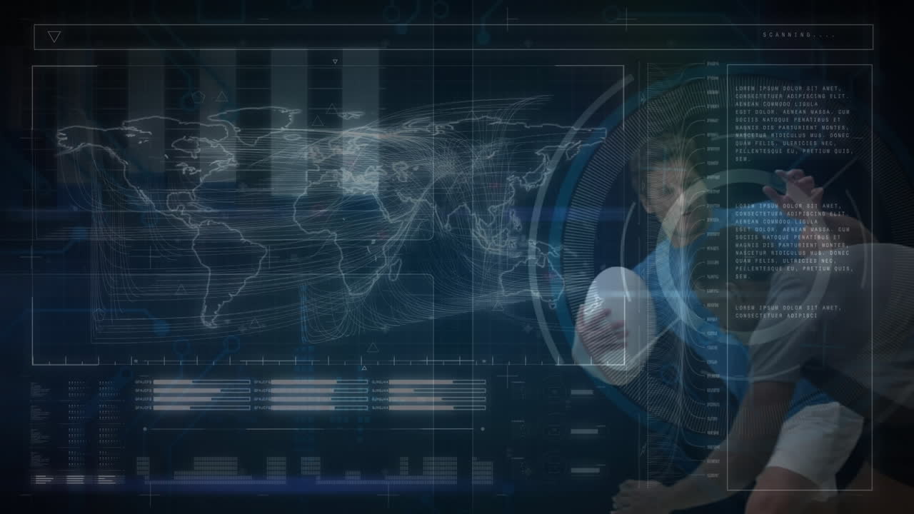 Animation of computer data processing over rugby player
