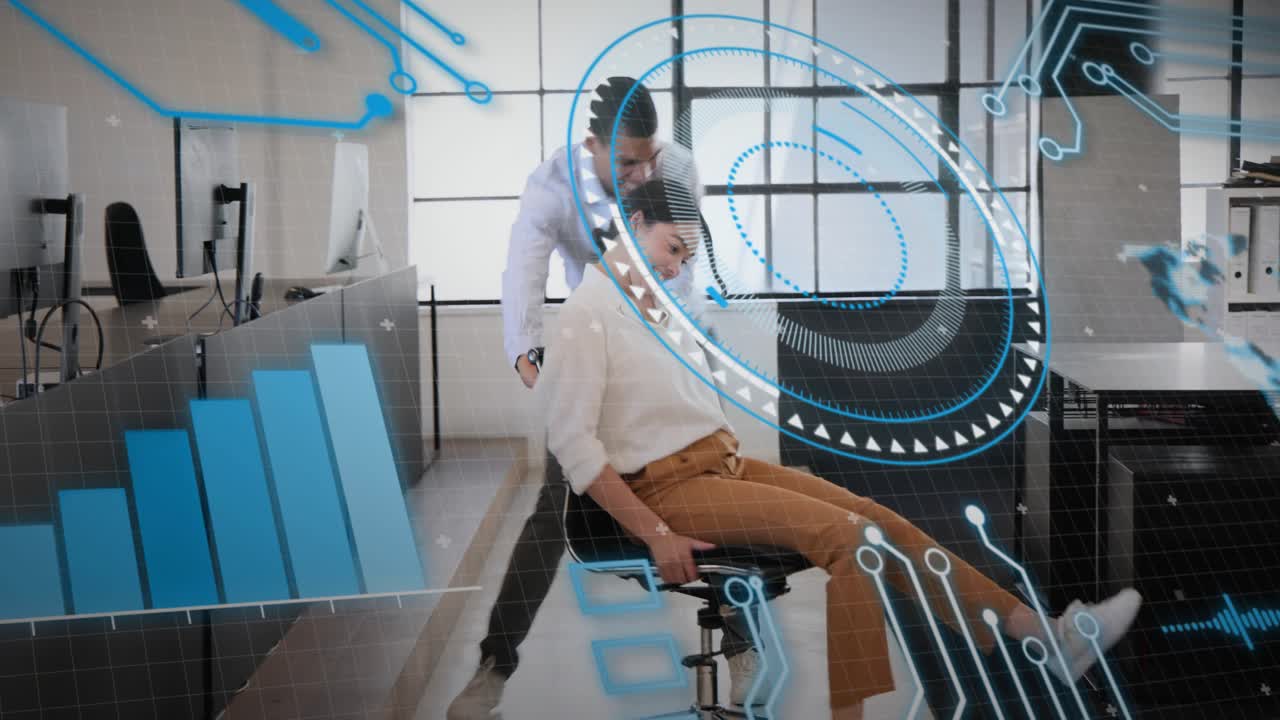 Male pushing office chair, woman leaning back and steering for fun, blue HUD overlaying near chair