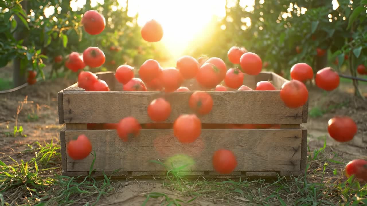 Harvesting Tomatoes: A Beautiful Sunset Scene of Ripe Tomatoes Falling into a Wooden Crate Surrounded by Lush Green Tomato Plants
